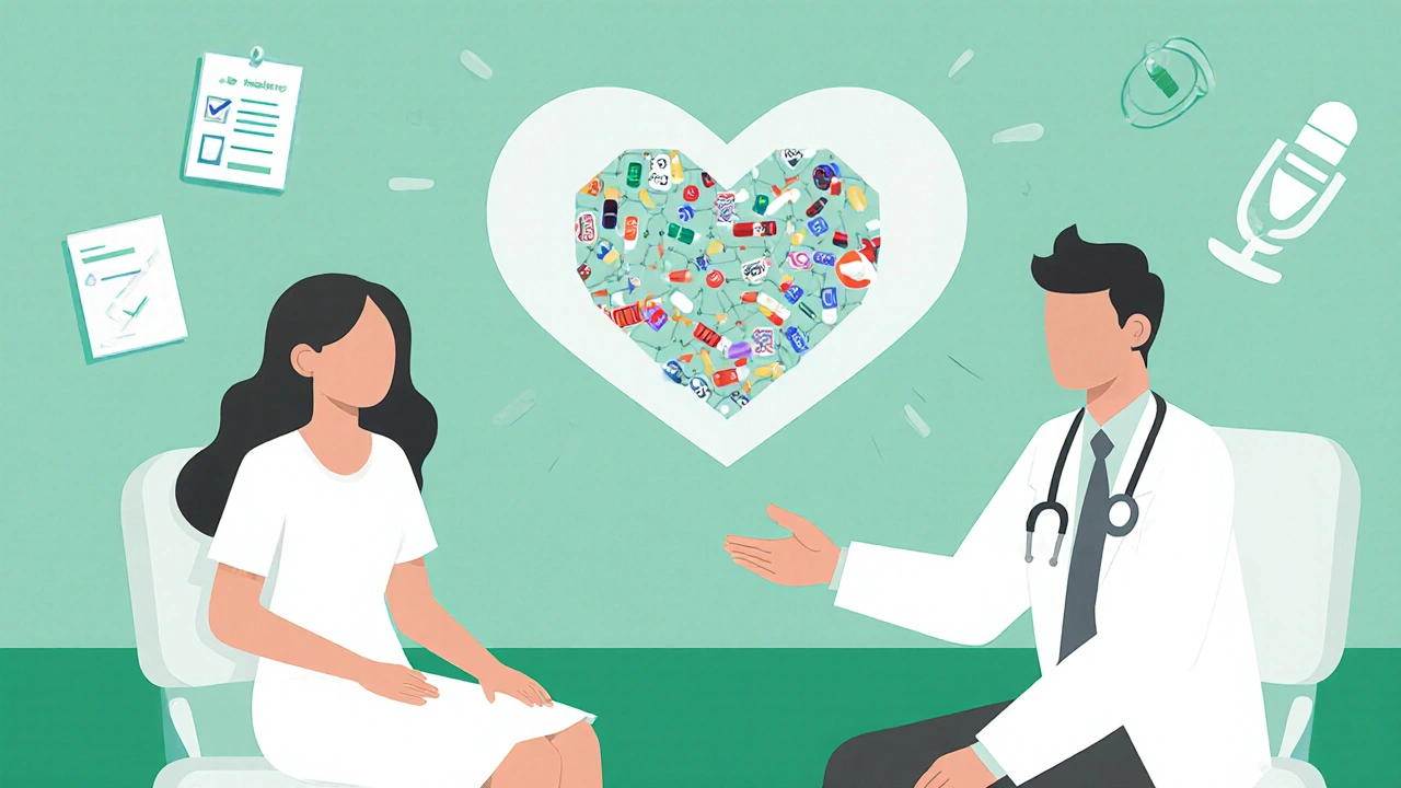 Doctor and patient sharing a trusting conversation with geometric chemical structures between them.