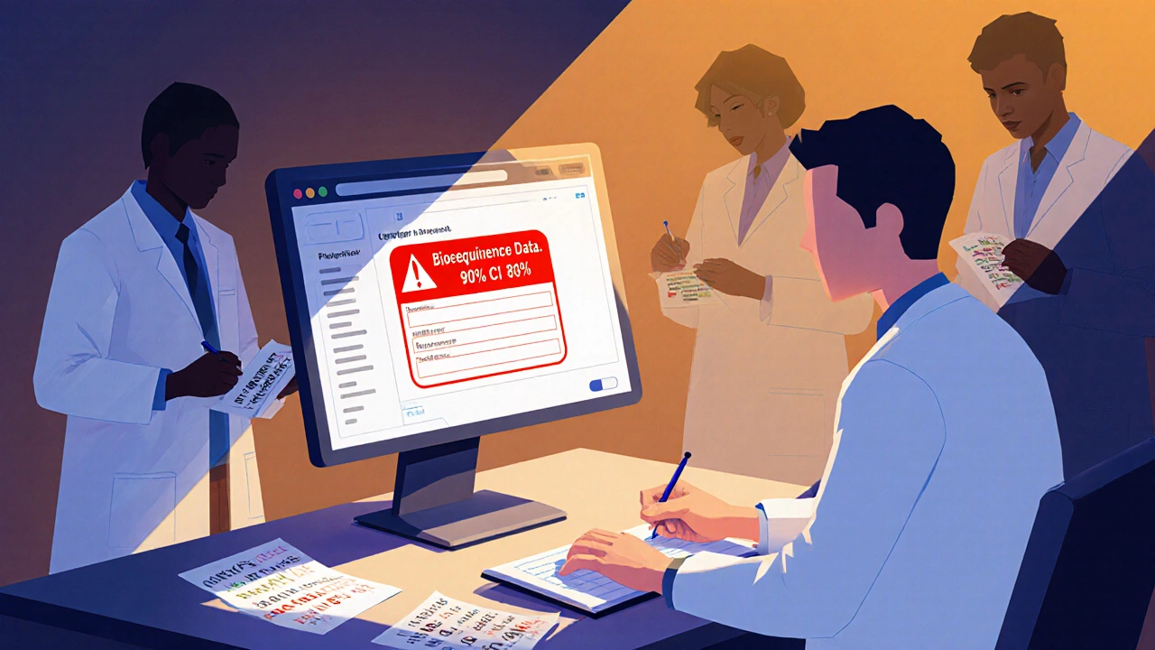 Doctor viewing bioequivalence data on an EHR screen while shadowy figures write brand names.