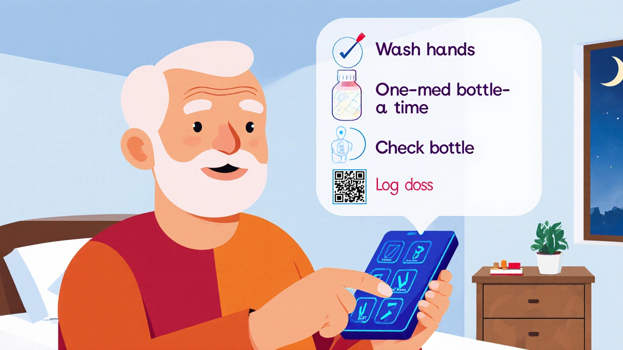 Elderly person holding a smart pill organizer with glowing alerts and step-by-step checklist overlay.