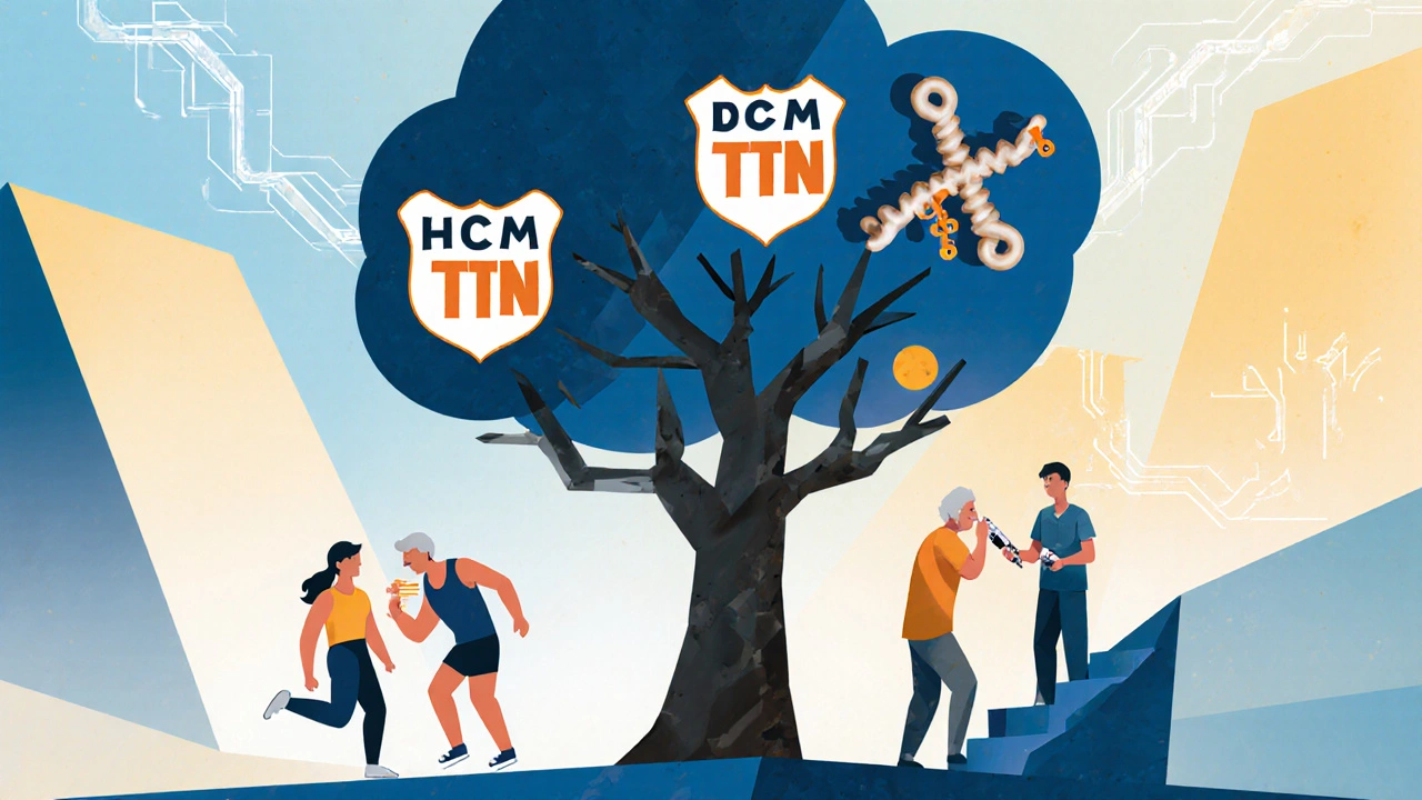 Family tree with genetic causes of cardiomyopathy types, showing symptoms and medical interventions in geometric style.