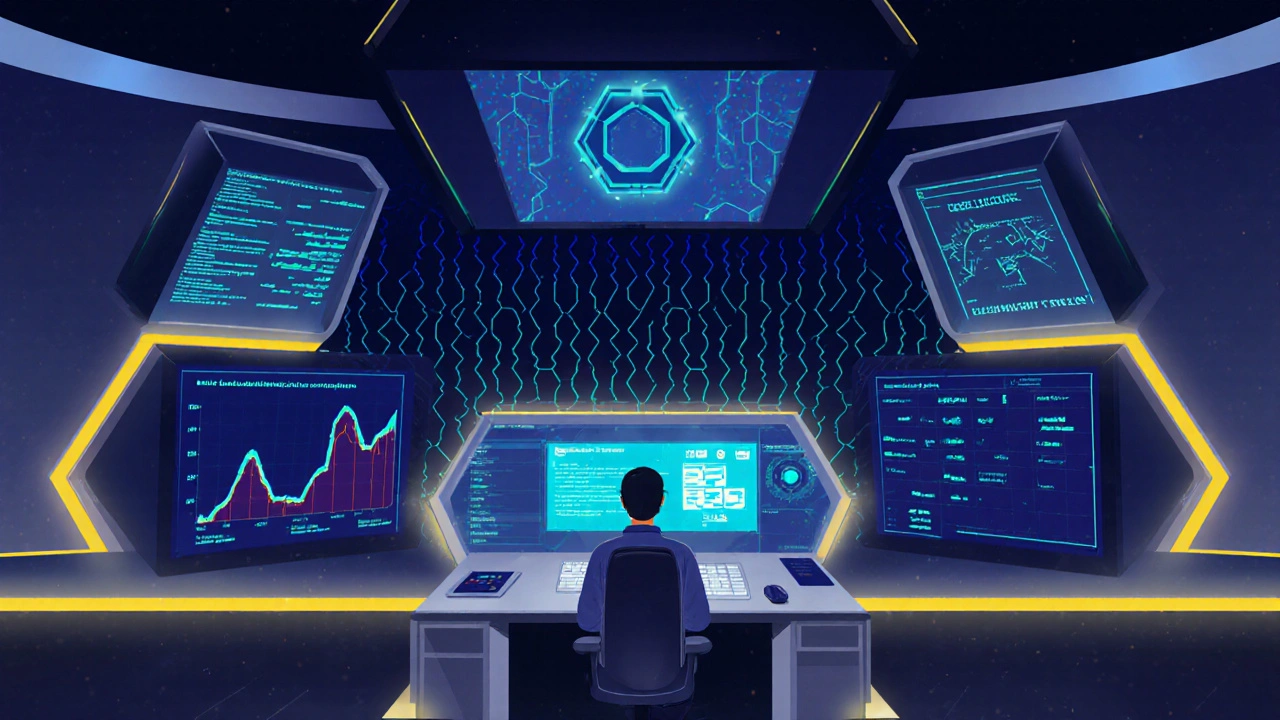 FDA analysts monitoring real-time adverse event data on glowing hexagonal screens in a modern control room.