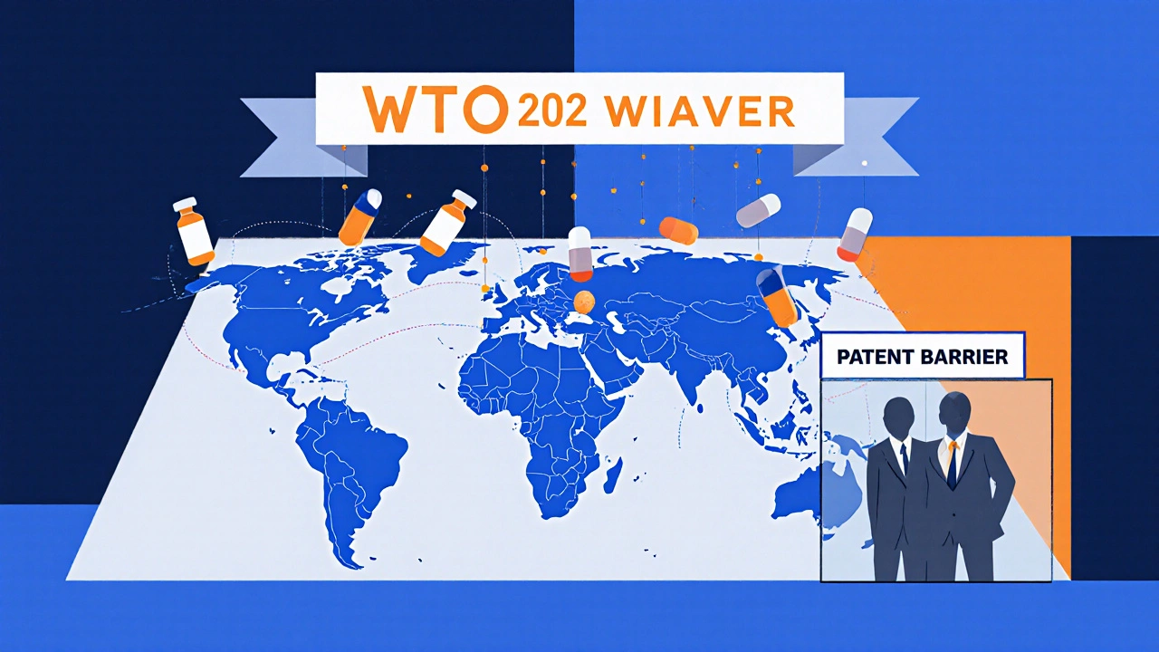Global map shows vaccine access flowing to developing nations under a WTO waiver, behind a patent barrier.