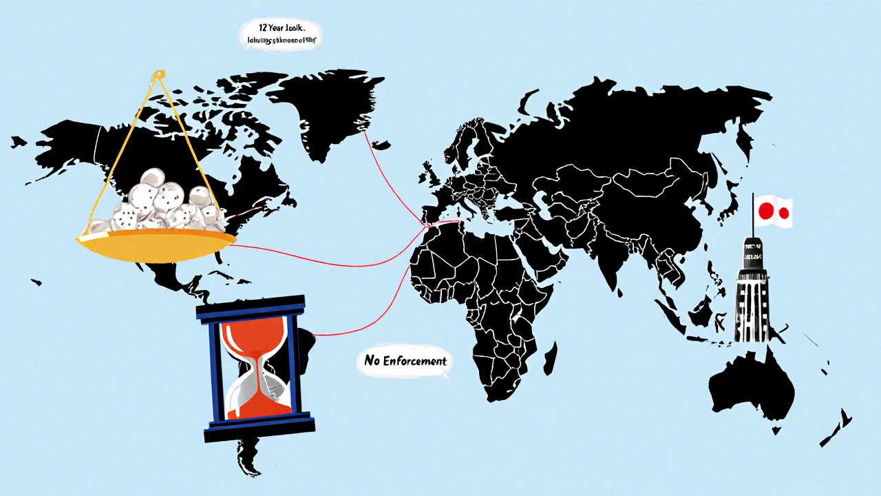 Global map with country-specific drug exclusivity icons connected by pay-for-delay lines.