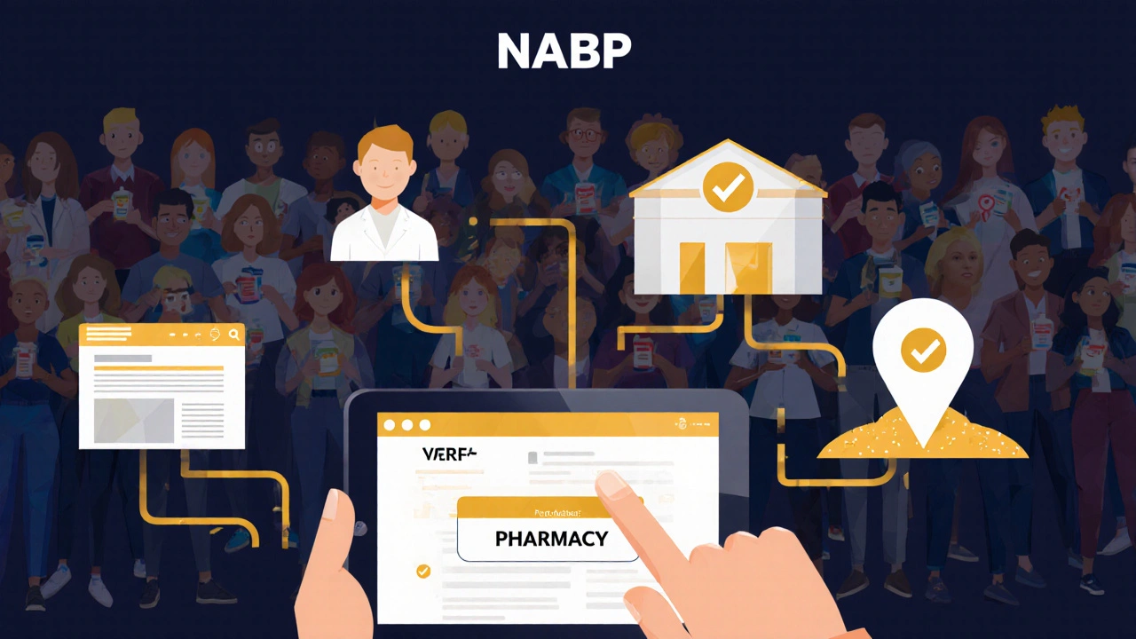 Hand clicking verify button as geometric icons of license, pharmacist, and building appear, with fake site crumbling.