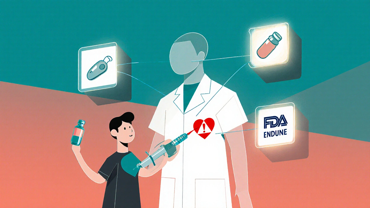 Patient and medical products connected to an FDA warning symbol via clean geometric lines.