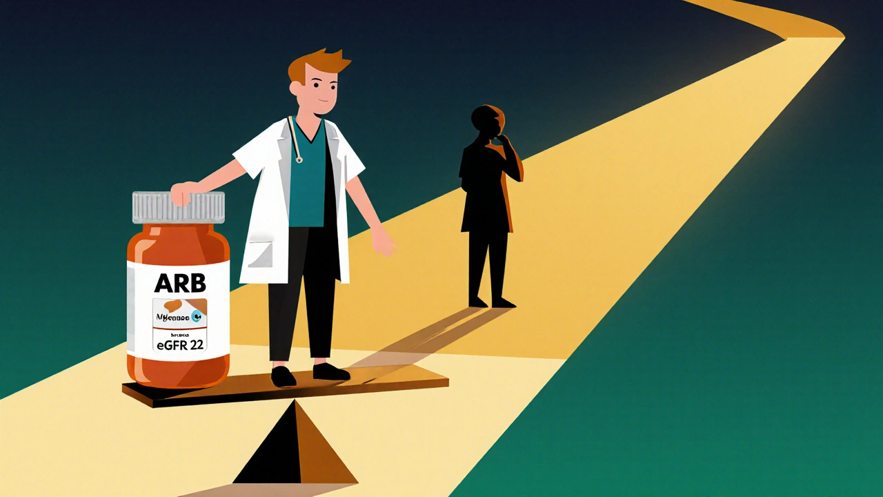 Patient holding ARB pill with kidney function scale and path to stability
