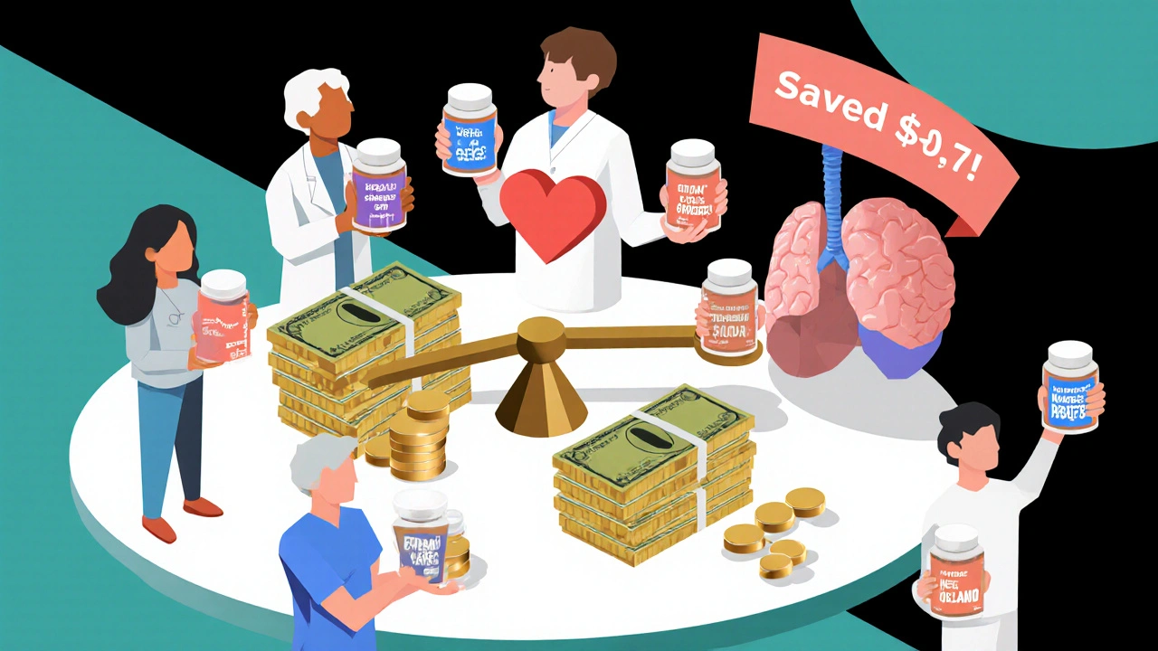 Patients surrounding a scale comparing brand and generic drug costs