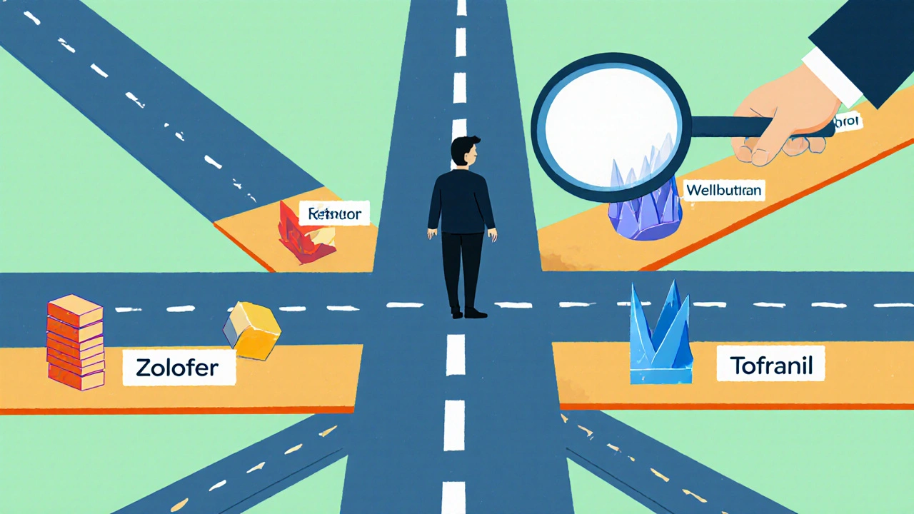 Person at a crossroads with six antidepressant options represented by colored geometric paths.