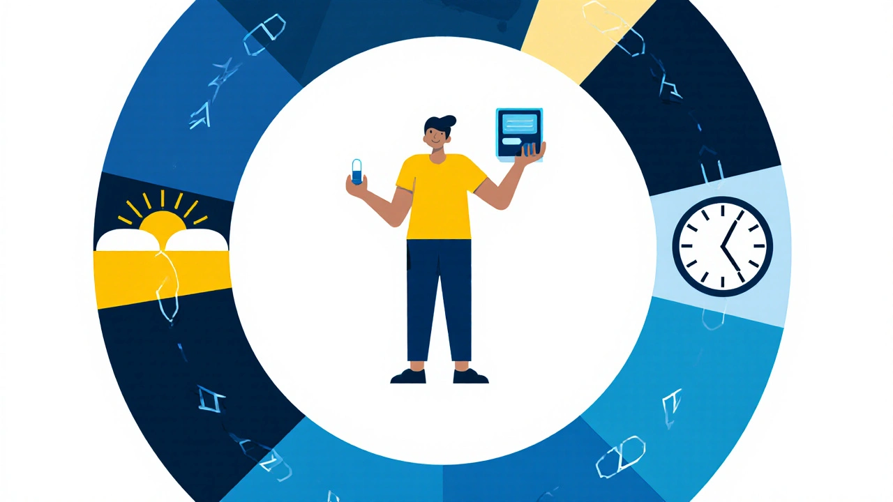 Person at center of circular timeline using light therapy and melatonin to reset circadian rhythm.