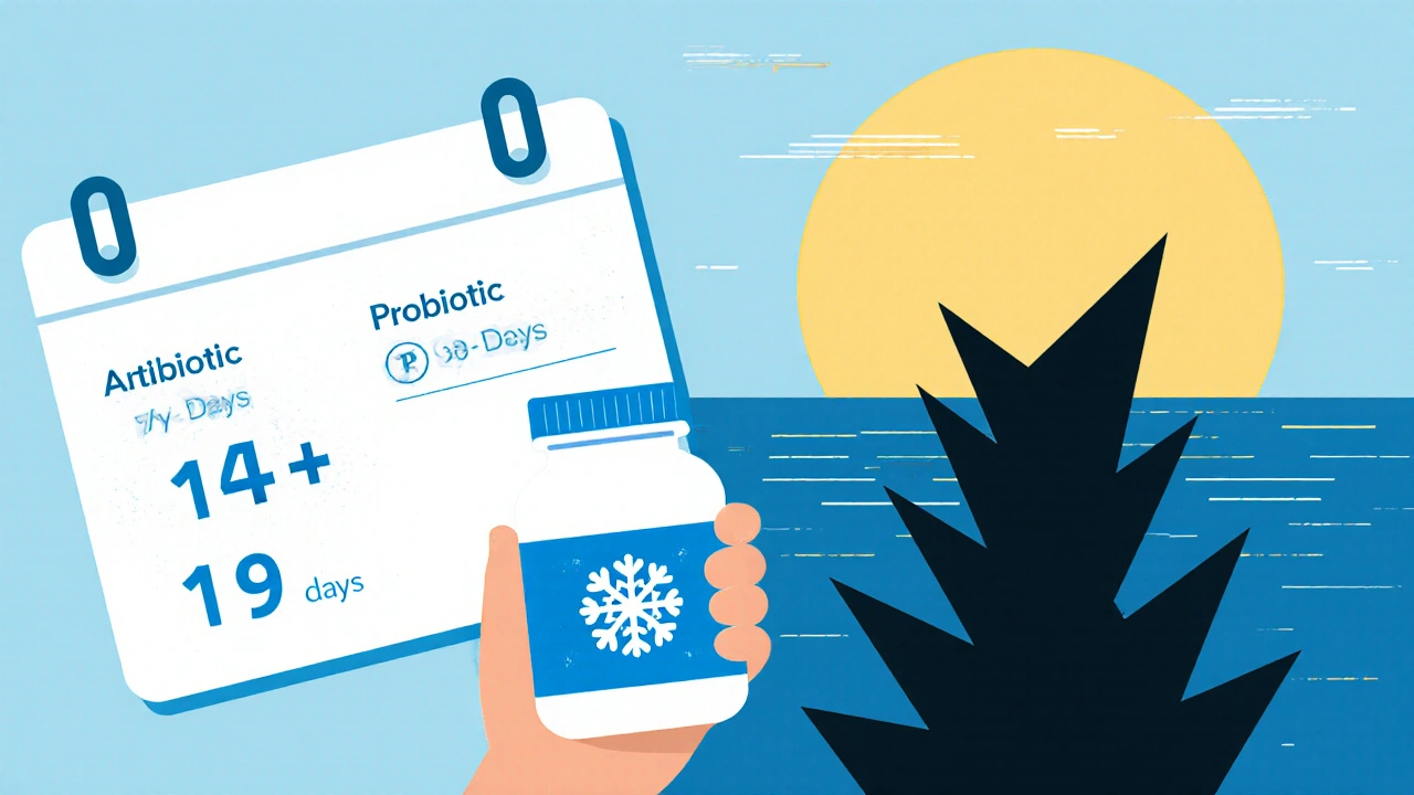 Person holding refrigerated probiotic bottle next to a calendar showing extended use after antibiotics.