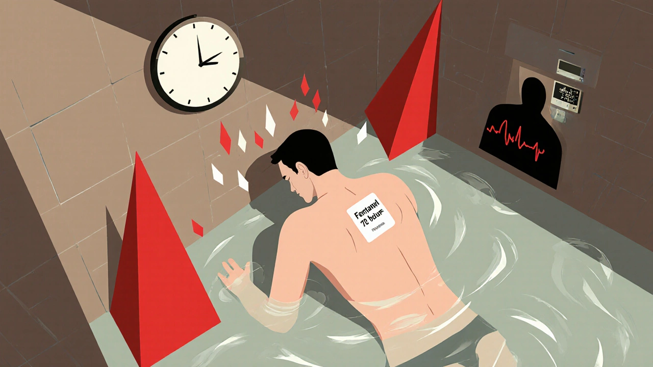 Person in hot shower with fentanyl patch, surrounded by heat lines and a flatlining monitor in abstract geometric style.