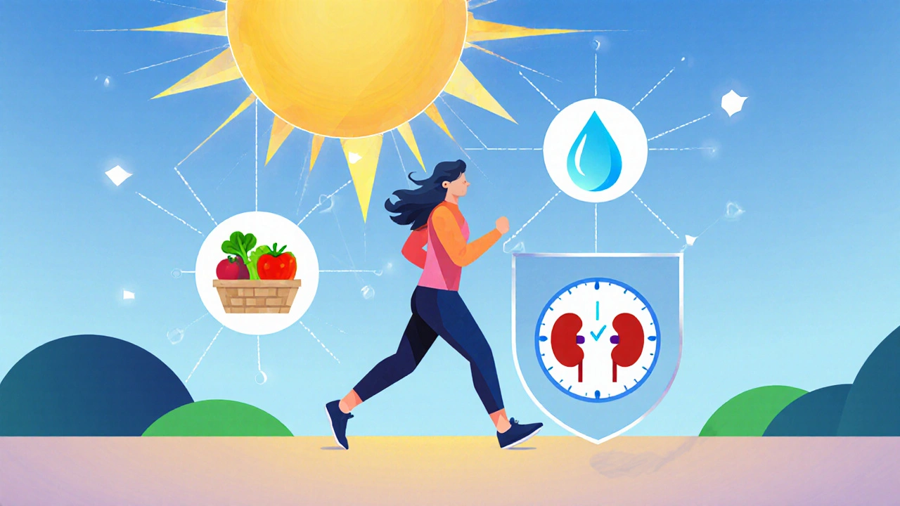 Person walking with floating health icons forming a protective shield around kidneys.