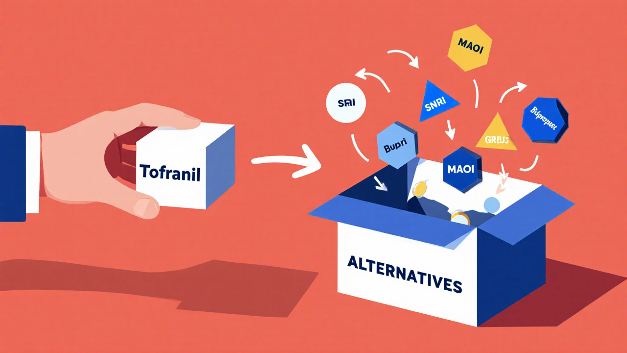 Pharmacist handing imipramine to patient while alternatives spill from an open box.