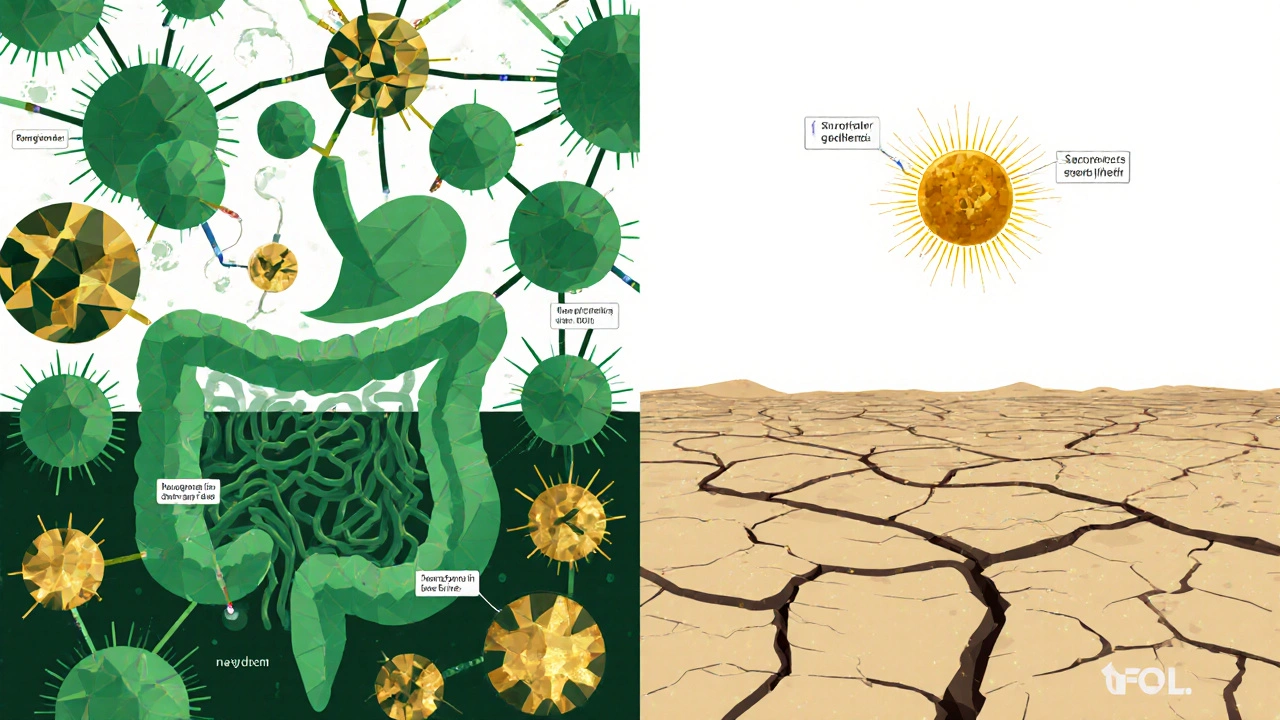 Side-by-side geometric scenes: healthy gut vs. damaged gut with one probiotic yeast surviving.