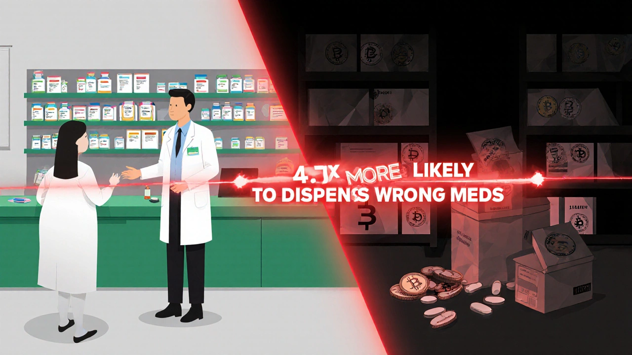 Split scene: clean pharmacy with pharmacist vs. shadowy warehouse with fake pills and Bitcoin symbols.