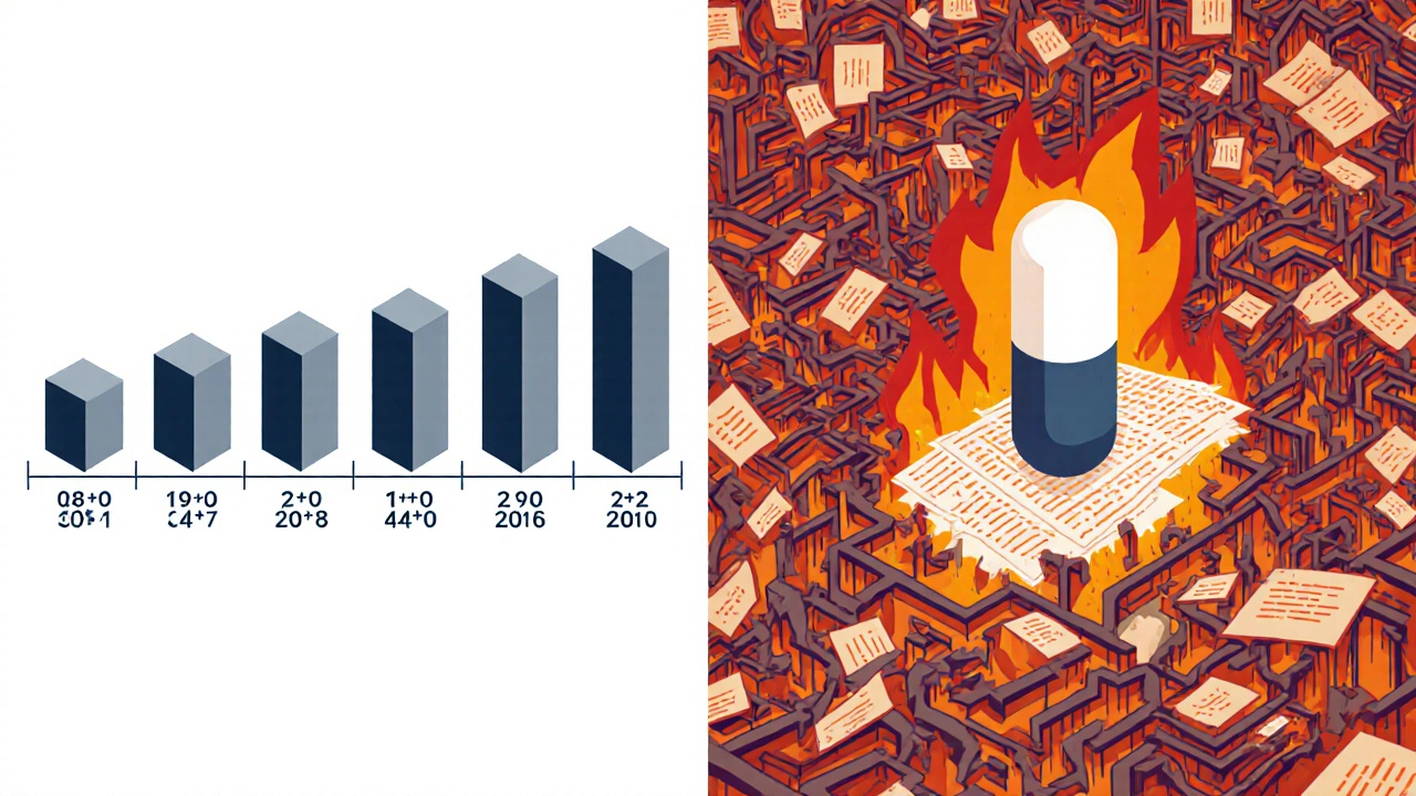 Split scene comparing rigid EU regulatory timeline with chaotic U.S. patent maze trapping a generic pill.
