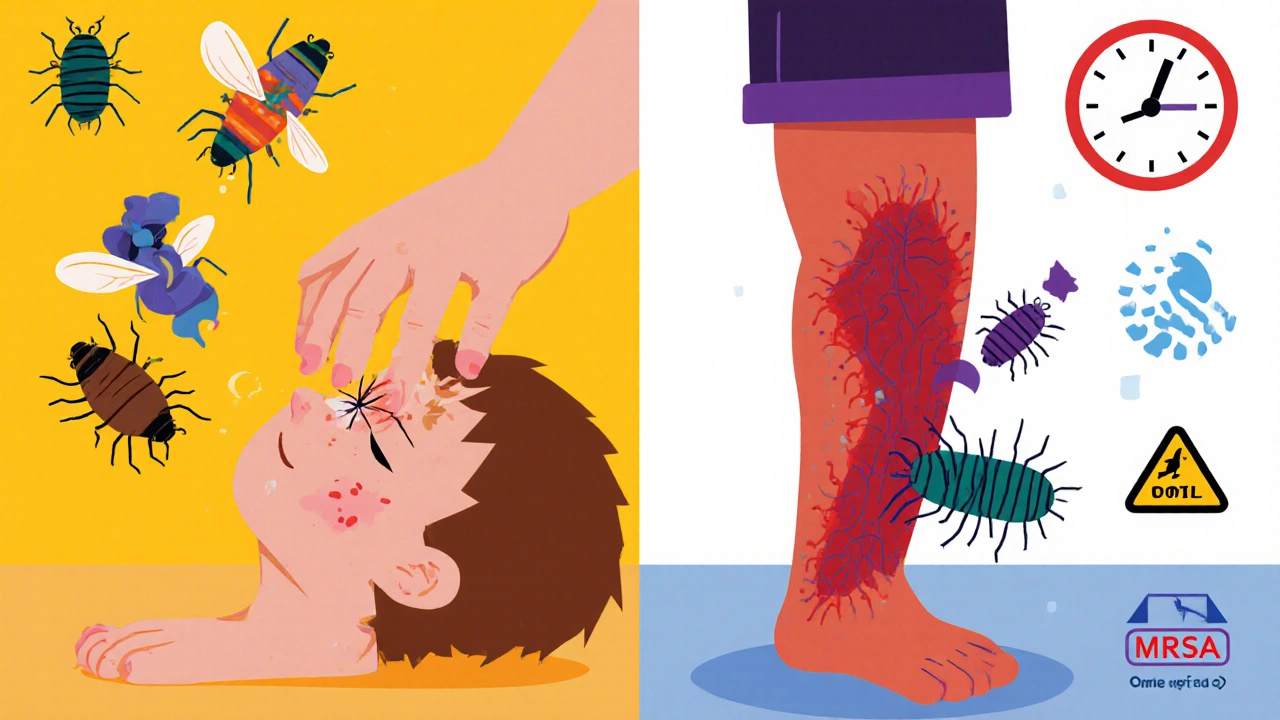 Split-screen illustration: child scratching impetigo sore spreading bacteria to a toy, and leg with bug bite allowing bacteria to invade deeper tissue.