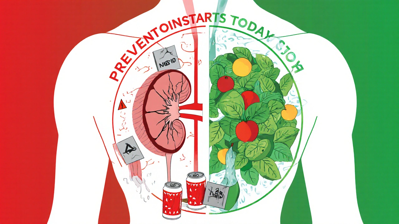 Split torso showing damaged vs. healthy kidneys with food and medication symbols.