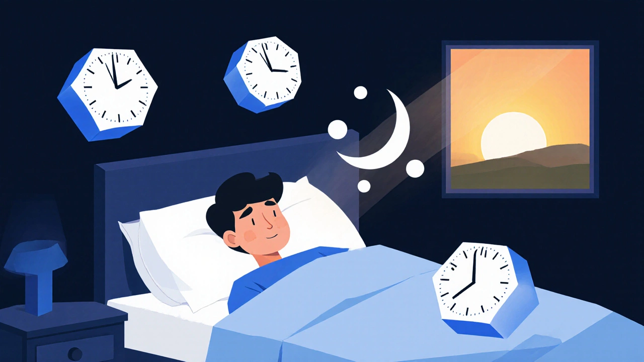 Teen in bed at 4 AM surrounded by floating clocks showing conflicting times, representing delayed sleep phase disorder.
