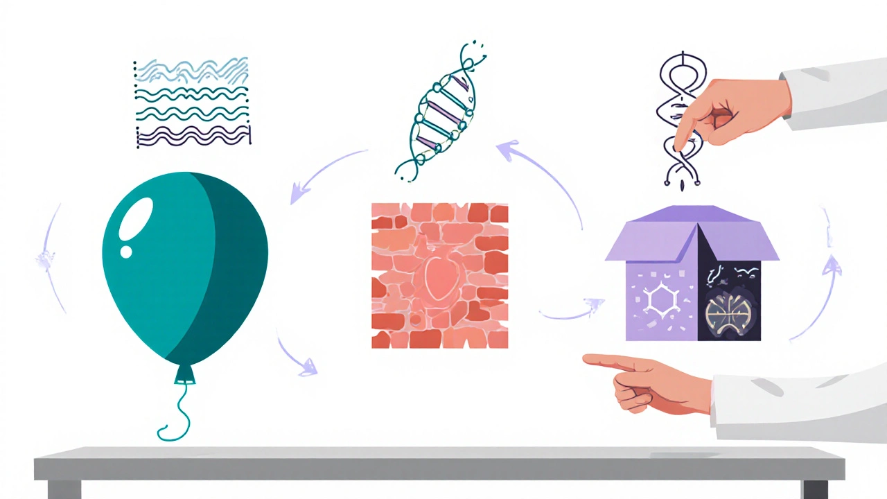 Three heart models compared on a table with diagnostic icons, illustrating dilated, hypertrophic, and restrictive cardiomyopathy.