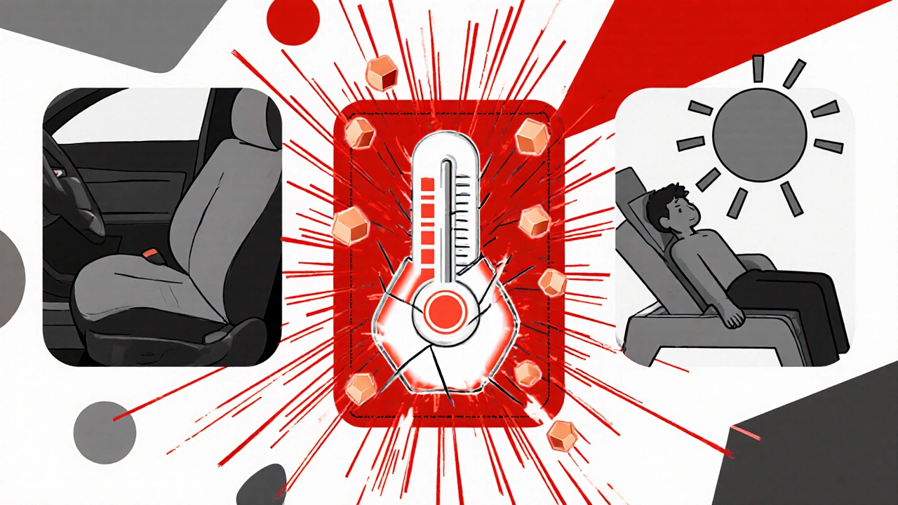 Three heat sources connected by red lines to a cracked fentanyl patch, symbolizing overdose risks in geometric illustration.