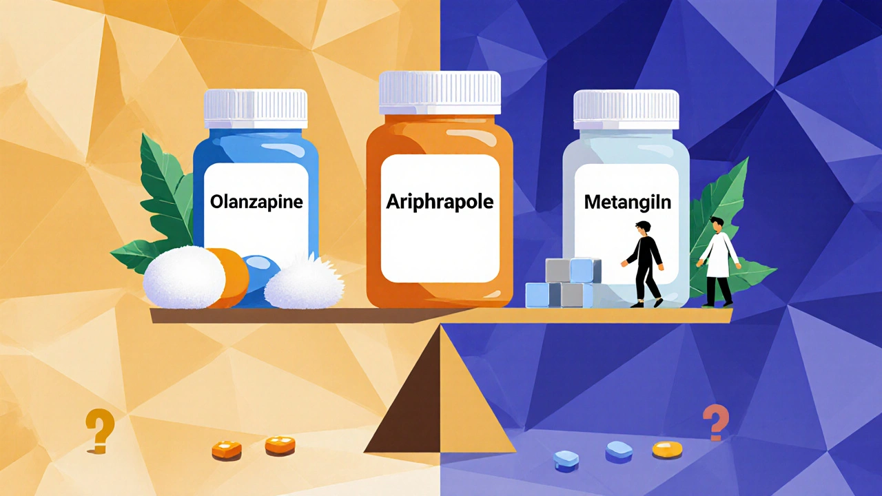 Three pill bottles on a balance scale, showing high-risk vs. low-risk metabolic options in geometric style.