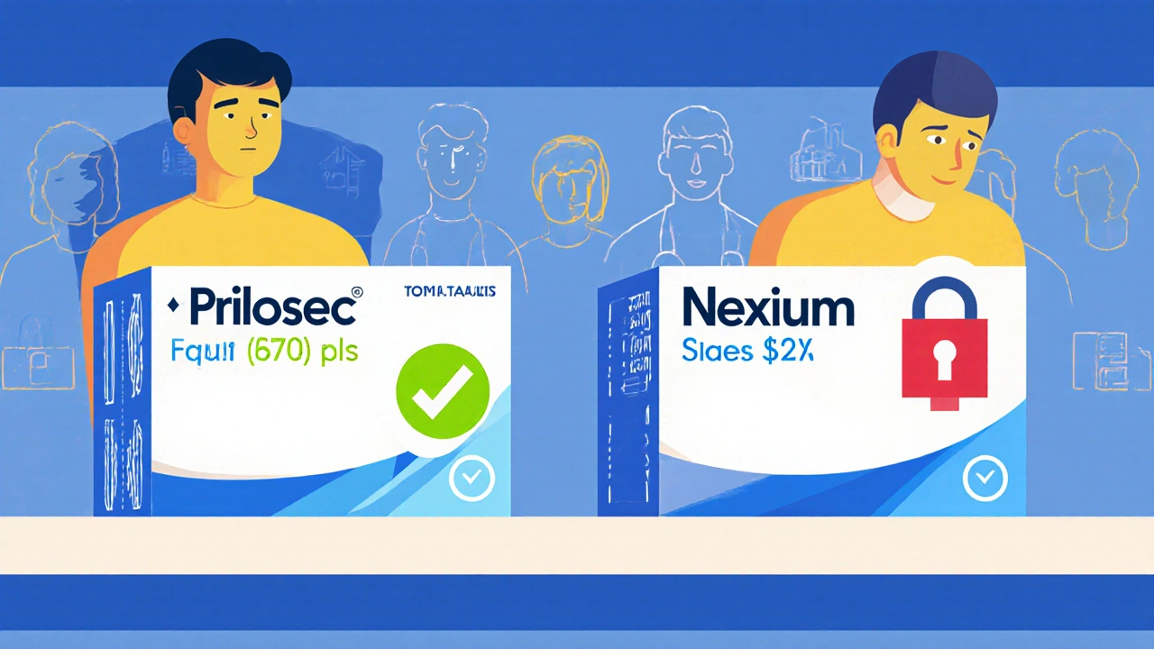 Two identical pills in boxes: one cheap and approved, the other expensive and locked, with patient silhouettes watching.