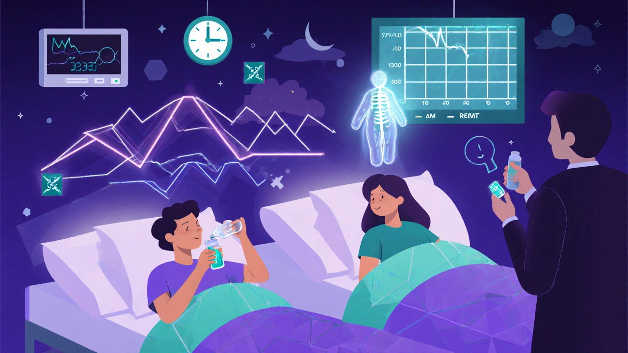 Two patients in a sleep lab at night, one taking medication, with abstract sleep cycle waves glowing around them.