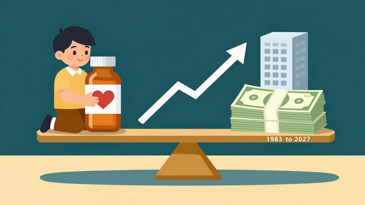 A balanced scale weighs patient hope against high drug costs, with a rising graph showing orphan drug growth since 1983.