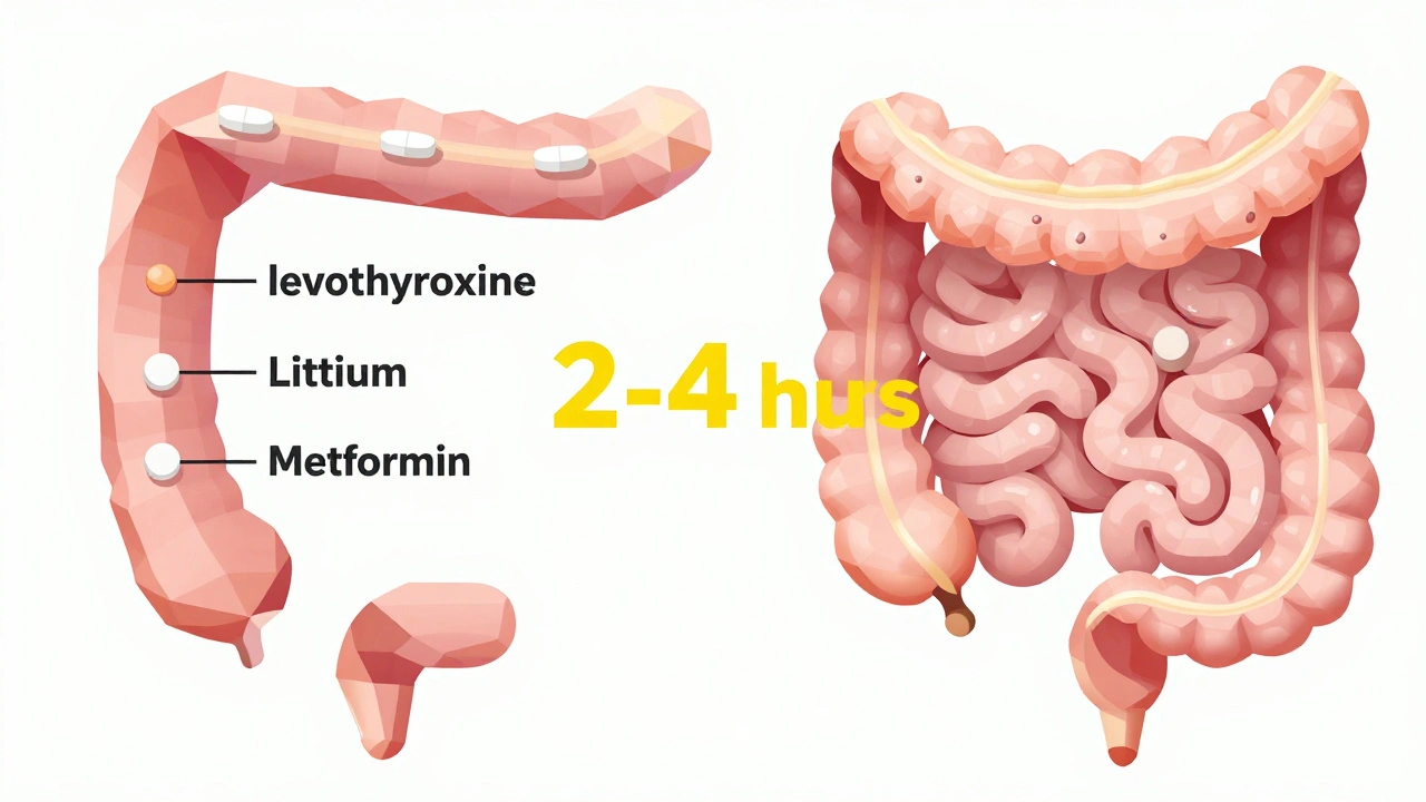A geometric digestive tract showing medications and fiber masses separated by time markers.