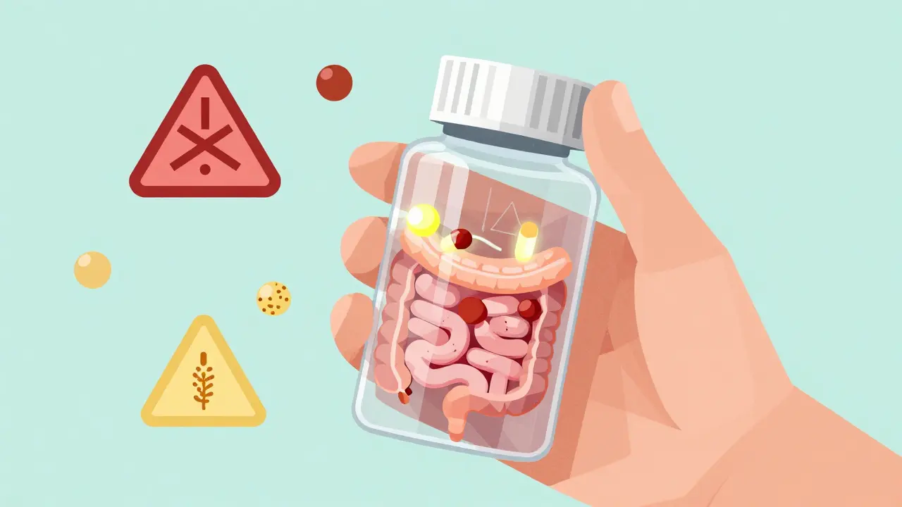 A hand holding a pill bottle with transparent walls showing inactive ingredients guiding a medicine molecule through the body.