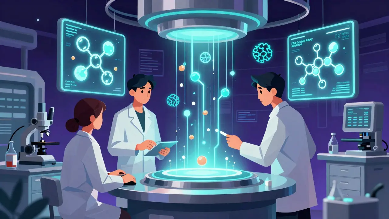 A high-tech lab with AI projecting molecular maps of inactive ingredients interacting with human proteins.