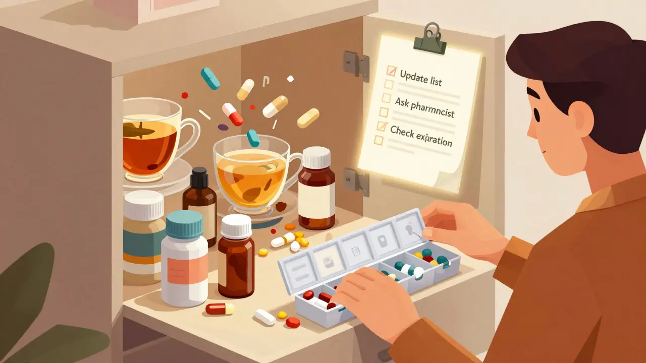 A medicine cabinet bursting with expired and unorganized medications, while someone sorts them into a labeled pill organizer.