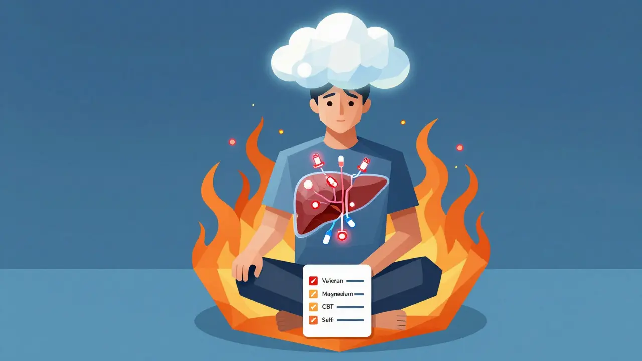 A person protected by safe anxiety alternatives while medications threaten their liver in a geometric style.