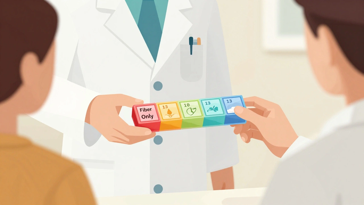 A pharmacist giving a patient a color-coded pill organizer with fiber and meds in separate time slots.
