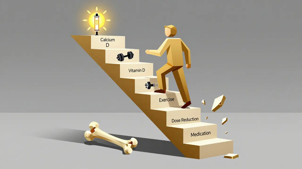 A staircase of bone health strategies leading to a glowing treatment symbol, with fractures below.