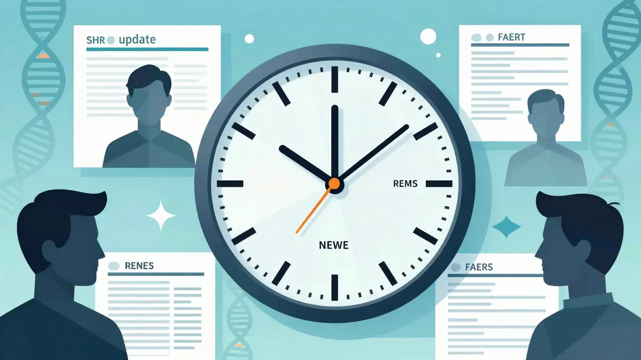 Clock with patient faces representing safety actions, surrounded by medical data and genomic strands.