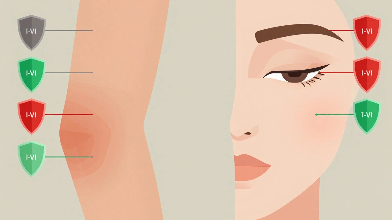 Contrasting skin areas with color-coded steroid strength zones, showing safe and unsafe application regions.