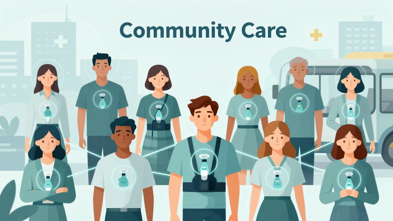 Diverse people with geometric chest halos connected by a network of care, symbolizing community support.
