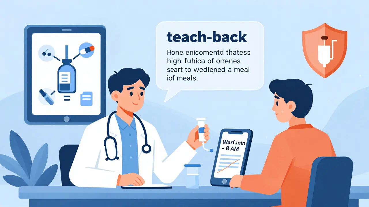 Doctor and patient discussing medication use, with a teach-back speech bubble and AI icon showing drug interaction analysis.
