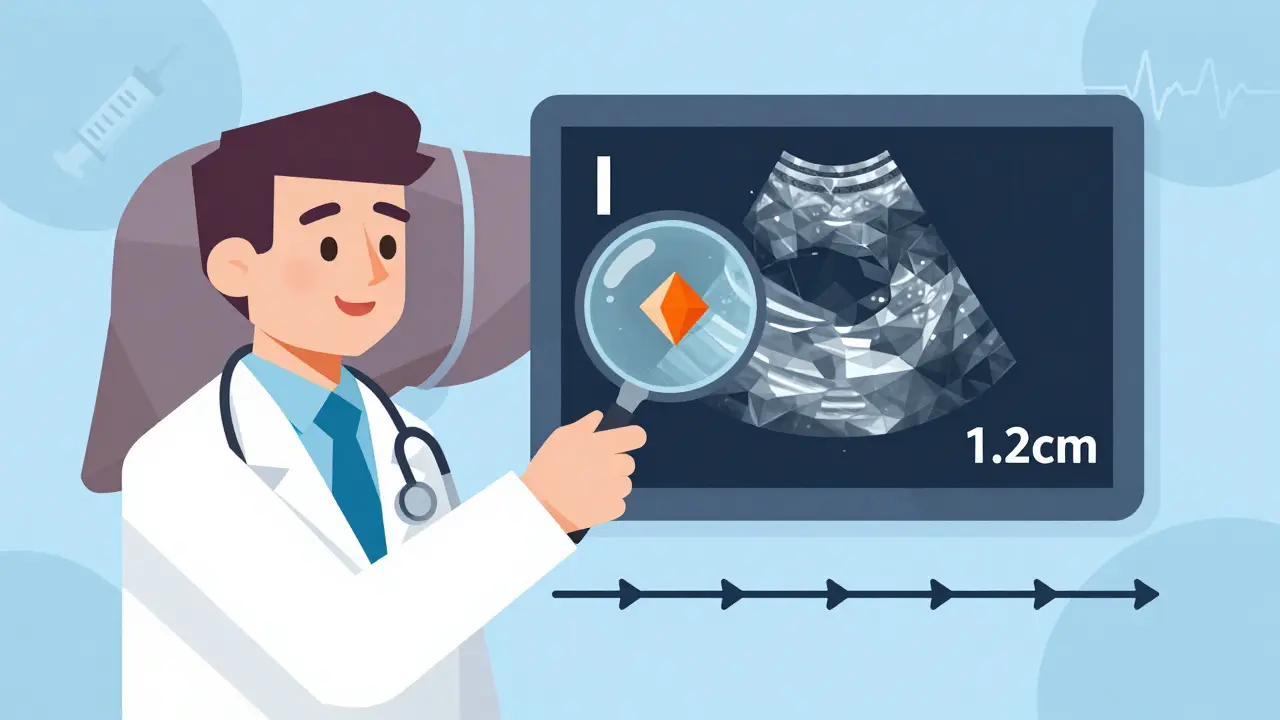 Doctor examining a polygonal ultrasound screen revealing a small cancerous nodule with six-month markers.