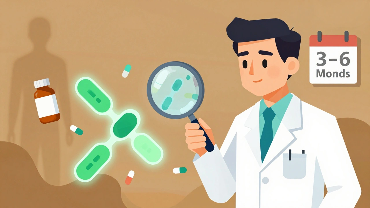 Doctor examining blood test with glowing anti-histone antibodies and faint anti-dsDNA markers.