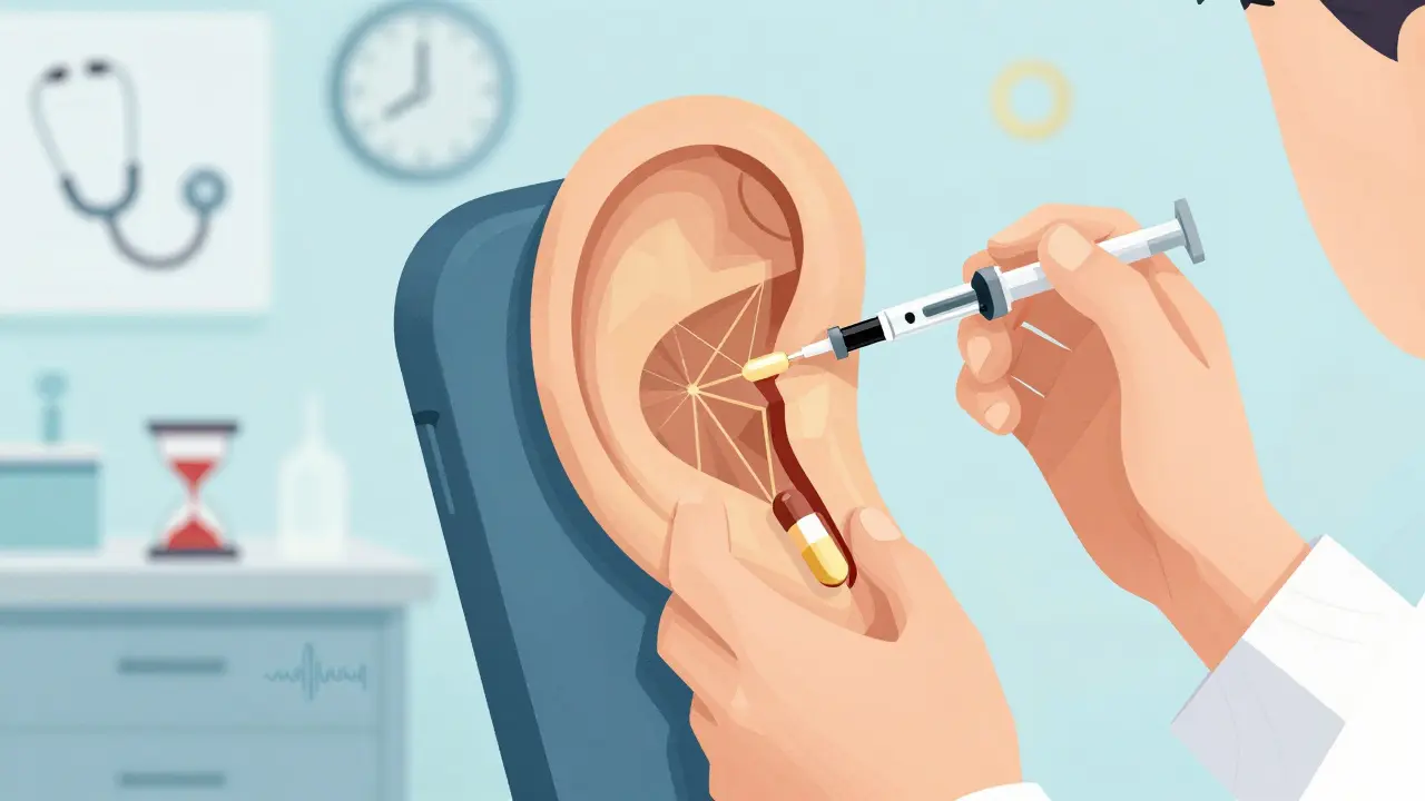 Doctor injecting steroid into ear, geometric cochlear pathways glowing with medication.