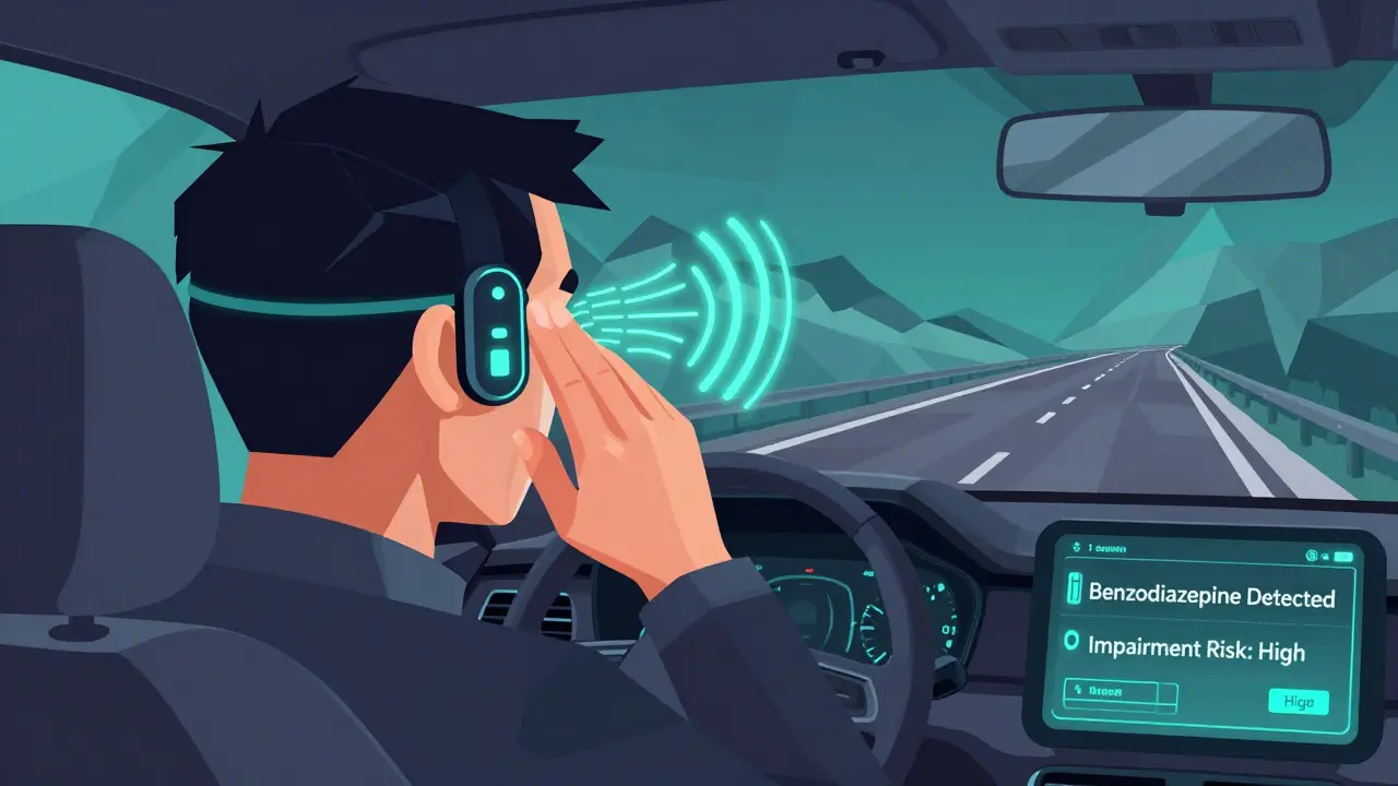 Driver wearing biometric sensor detecting impairment, digital alerts glowing on dashboard