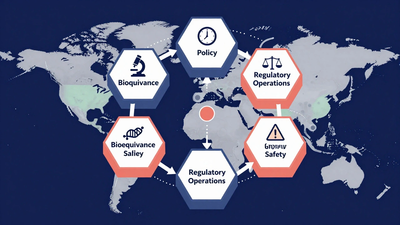 Five hexagonal OGD offices connected by arrows, with icons for science, regulation, and global collaboration.
