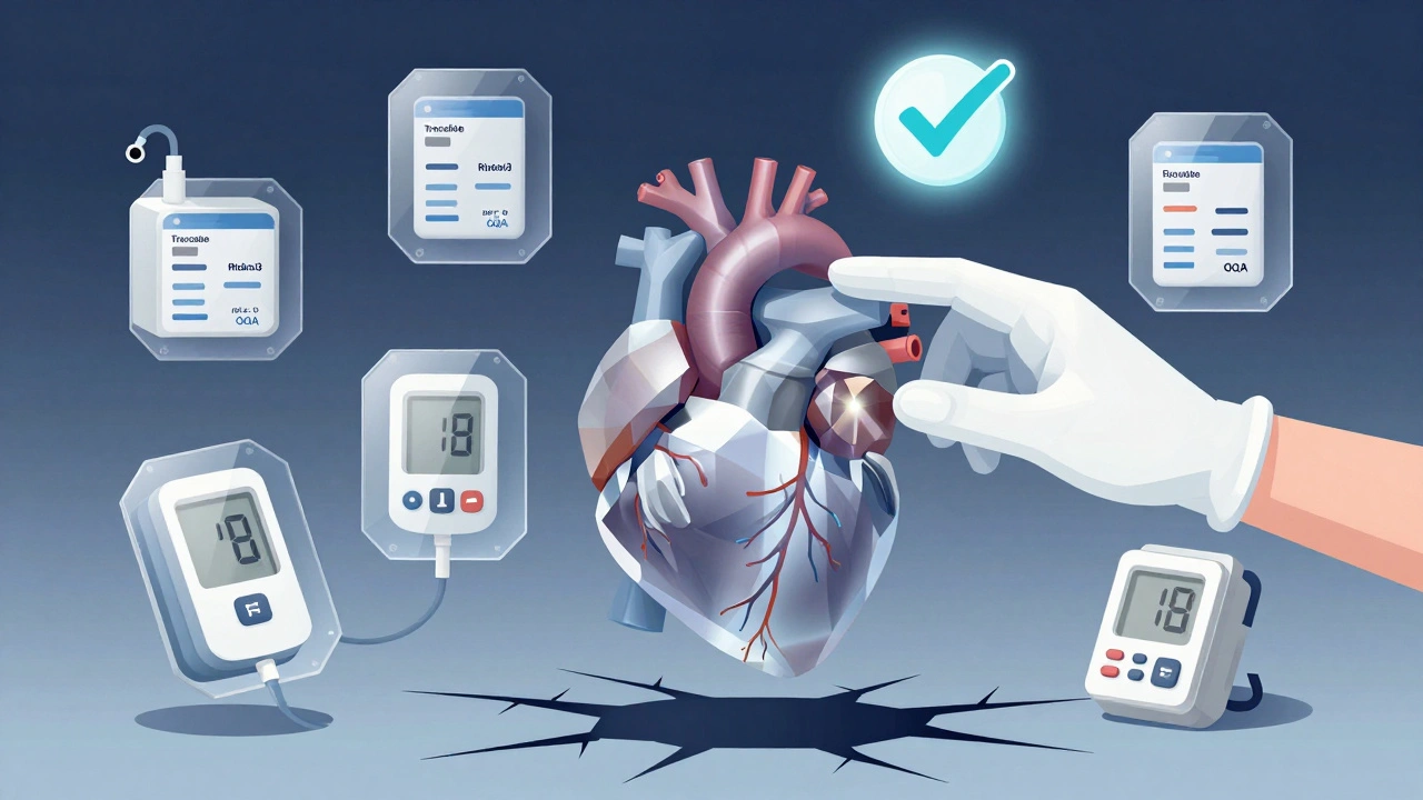 Heart surrounded by medical devices protected by hexagonal QA shields, with a checkmark preventing failure