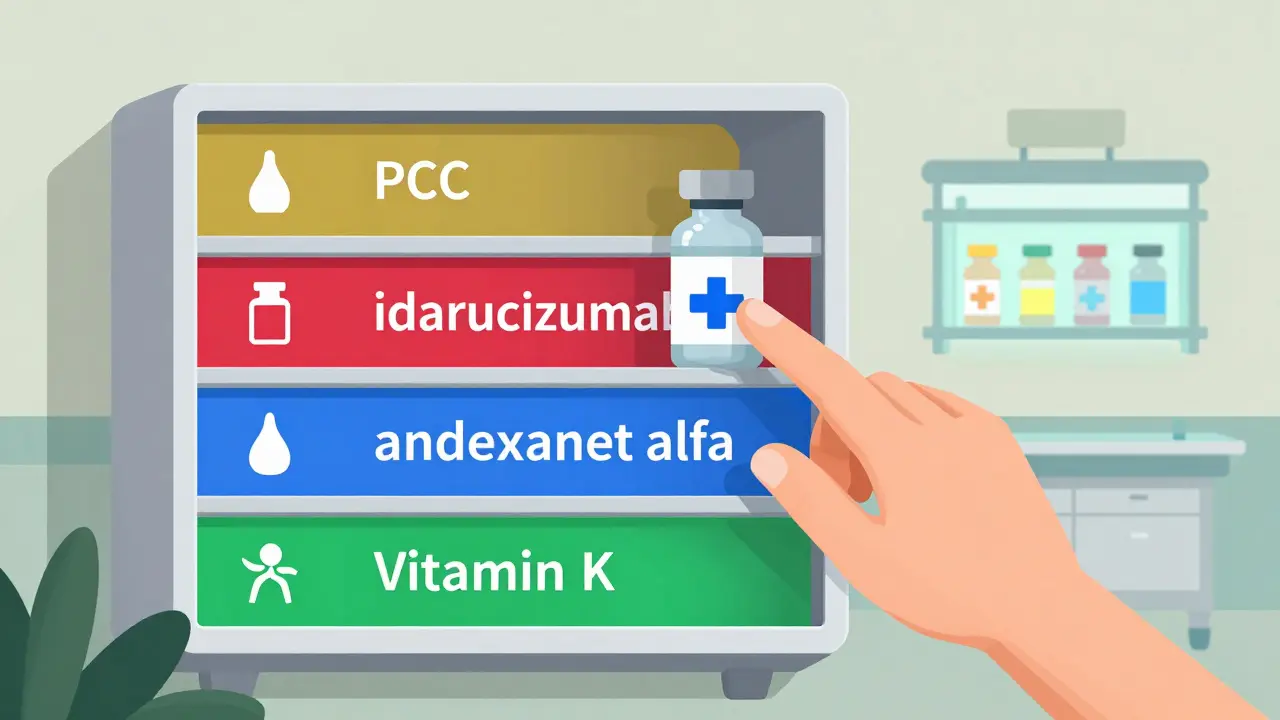 Hospital shelf with colored geometric icons representing different anticoagulant reversal agents and access disparities.