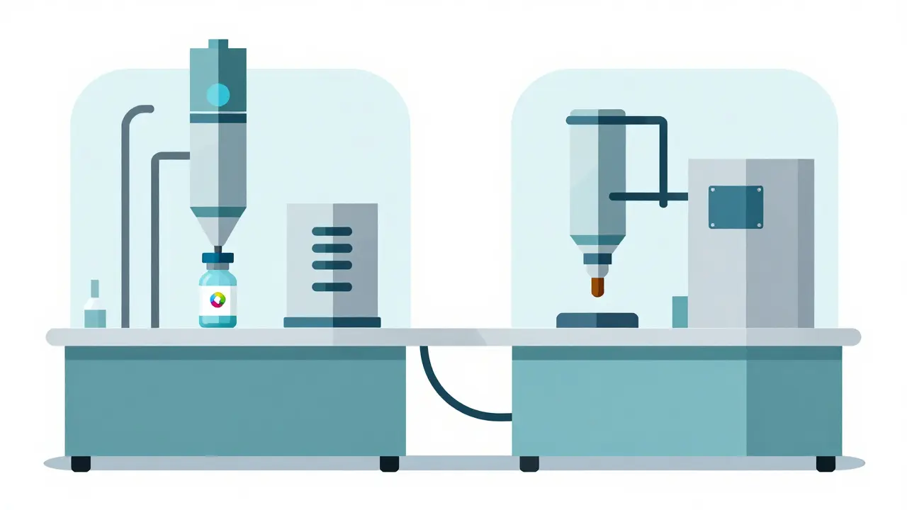Identical drug manufacturing lines producing brand and authorized generic pills side by side.
