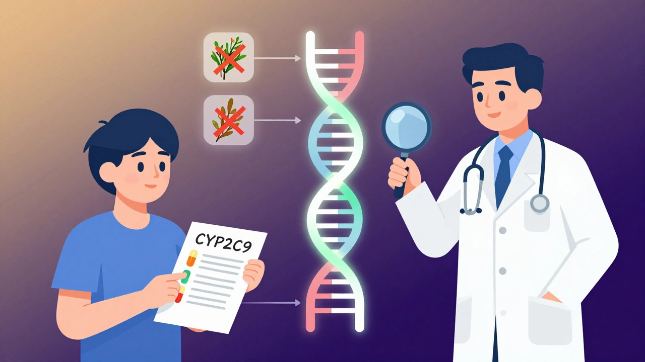 Patient and doctor examining a DNA helix with geometric herb icons marked by red Xs.
