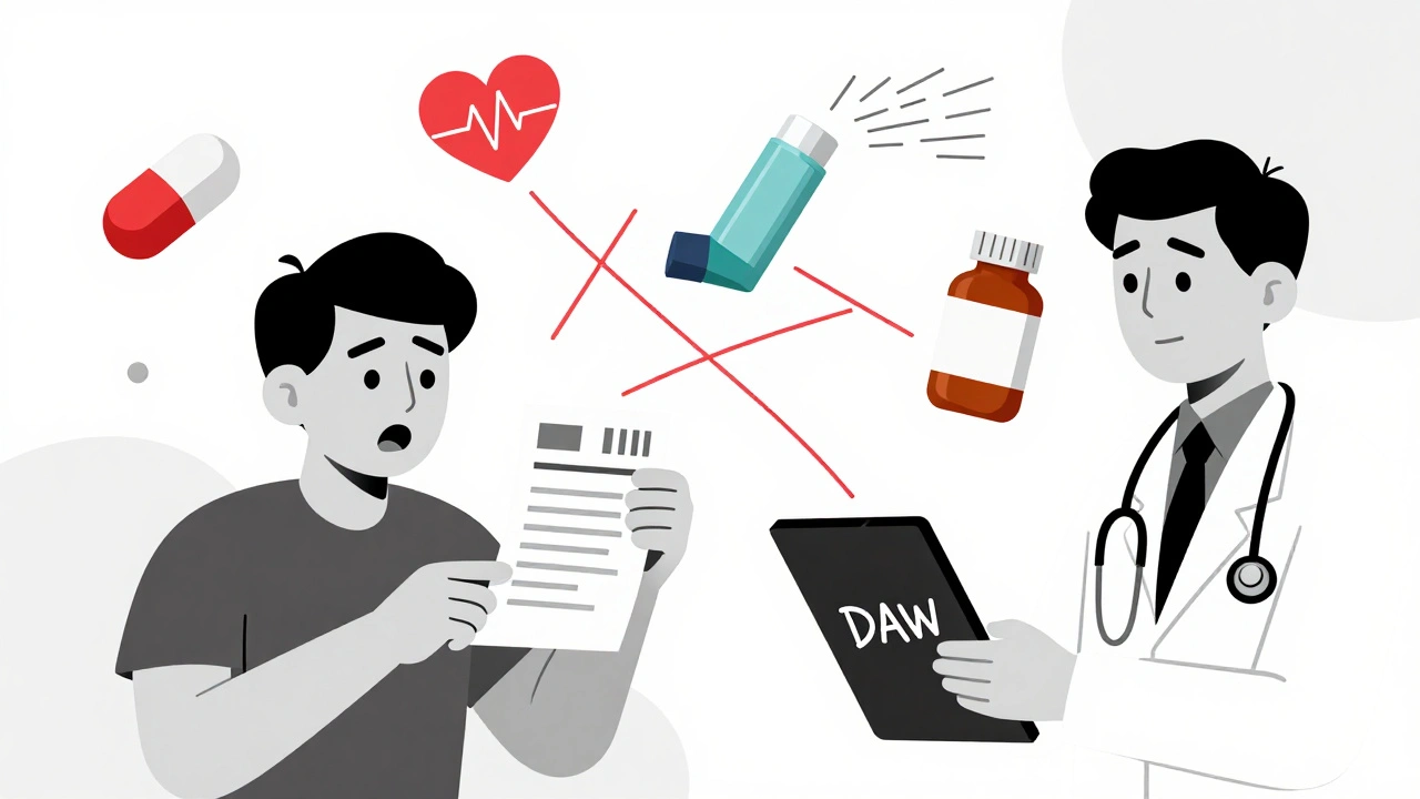 Patient shocked by pharmacy receipt, floating medication icons with warning lines